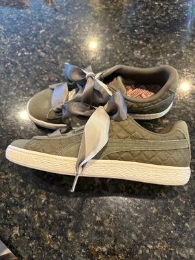 Puma Olive Green Suede Sneakers with Gray and Olive Green Satin Ribbon Laces